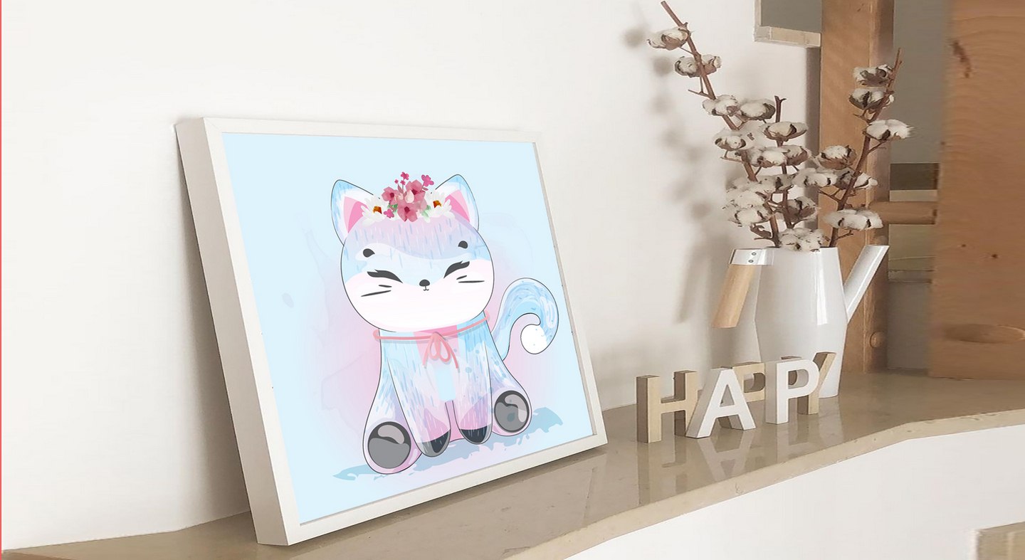تابلو  کودک طرح نقاشی آبرنگ دخترانه گربه مدل 317
